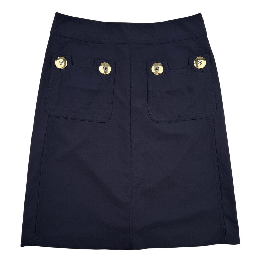 Tory Burch Navy A-Line Skirt Gold Logo Buttons Wool Blend Preppy Nautical Size 4